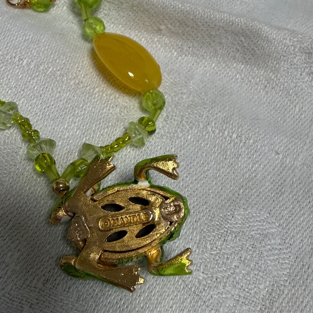 Vintage Green Frog Necklace & Earrings with Vintage Glass Yellow & Green Accents - Picture 3 of 6